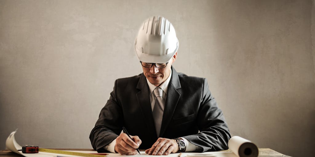 An artistic representation of a gavel and a hard hat placed on a blueprint of a construction project. The juxtaposition symbolizes the intersection of construction work and legal rights, highlighting the importance of knowing legal options.