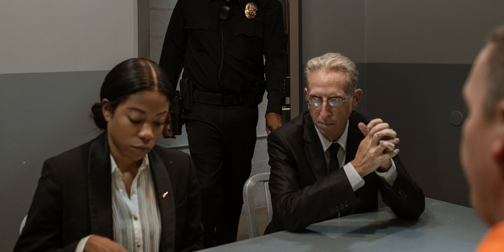 An artistic representation of a person standing at a crossroads, with one path leading to a police station and the other to a courtroom. The scene is illuminated with dramatic lighting to convey the tension and uncertainty of being questioned by police.