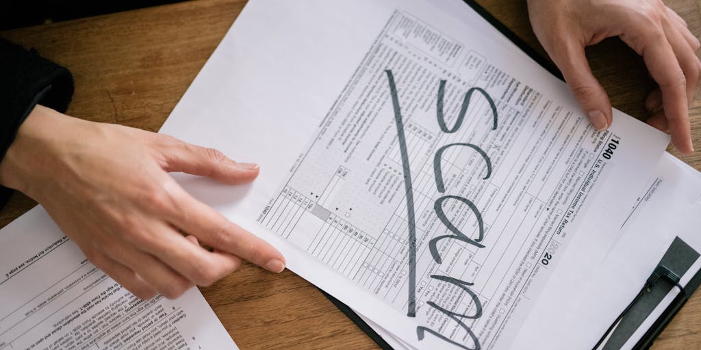 An overhead view of a cluttered desk with various items: a smartphone displaying a text message, a notebook with scribbled notes about police encounters, and a half-open drawer revealing a stash of suspicious items. This composition suggests a person’s paranoia about being investigated.