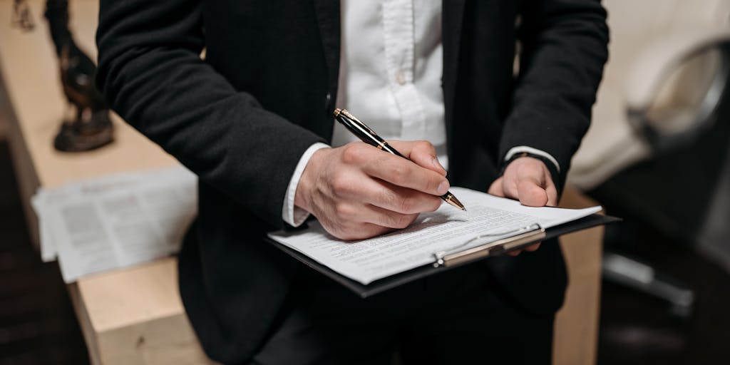 A close-up of a lawyer's hands as they sign a significant legal document, with a luxurious pen. The background features a blurred image of the Central African Republic's national flag and a cityscape, representing the legal impact of their work in the country.