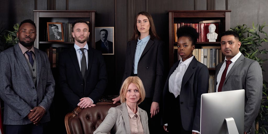 A dramatic portrait of a high-powered lawyer in a sleek office, surrounded by legal books and documents, with a city skyline visible through the window. The lawyer is dressed in a tailored suit, exuding confidence and authority, while holding a briefcase that symbolizes success.