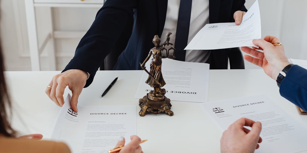 A close-up shot of a lawyer's hands signing a high-stakes contract, with a luxurious watch visible on their wrist. The background includes blurred legal documents and a pen, highlighting the importance of their work and the financial rewards it brings.