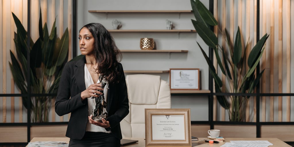 A creative composition featuring a lawyer's desk adorned with awards and accolades, alongside a laptop displaying a successful case outcome. The image conveys the achievements and recognition of the highest-paid lawyers in Djibouti.