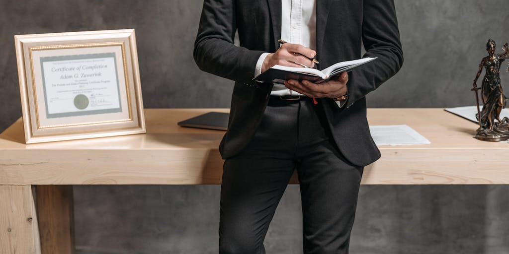 A portrait of a successful lawyer in their office, surrounded by awards and accolades. The lawyer is looking directly at the camera with a confident smile, dressed in a sharp suit, showcasing the achievements and recognition that come with being among the highest paid in Greece.