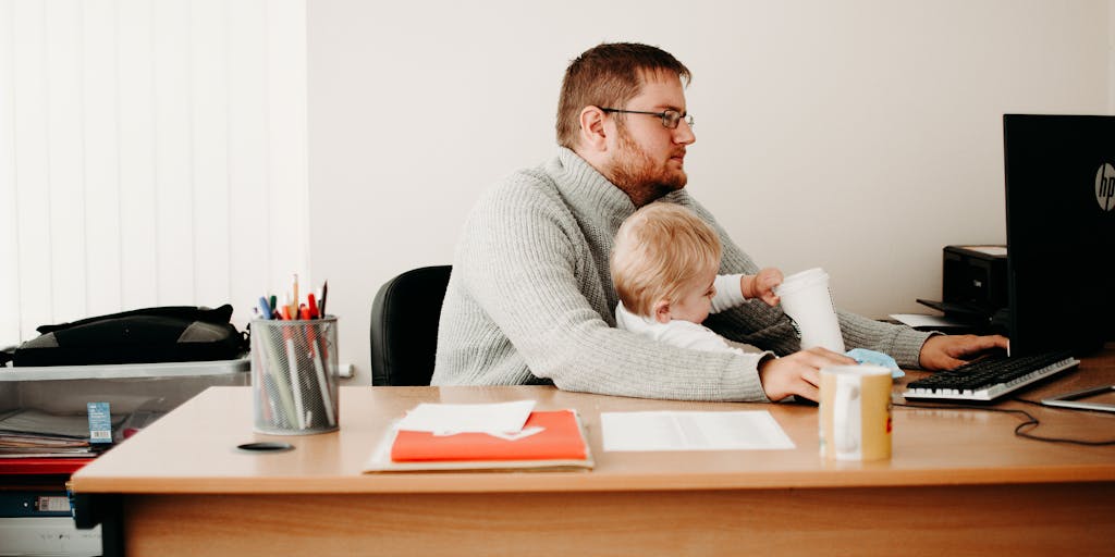 A split image showing two parents in different settings: one parent at a desk with tax documents and a calculator, looking contemplative, while the other parent is playing with a child in a park. This juxtaposition highlights the emotional and financial aspects of child support and tax claims.