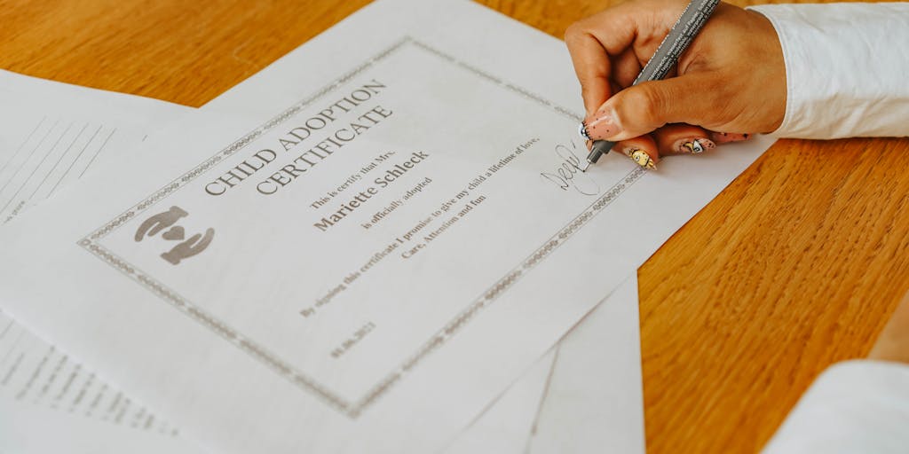 A split image showing a parent on one side looking contemplative while holding a child’s drawing, and on the other side, a legal document with the words 'Parental Rights' prominently displayed. The contrast highlights the emotional weight of the decision to sign over parental rights.