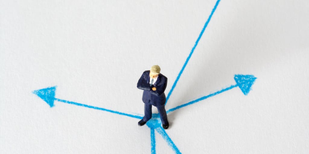 An abstract representation of a person standing at a crossroads, with one path leading to a courtroom and the other to a playground. The person looks contemplative, symbolizing the difficult choices and dilemmas faced when it comes to child support obligations.