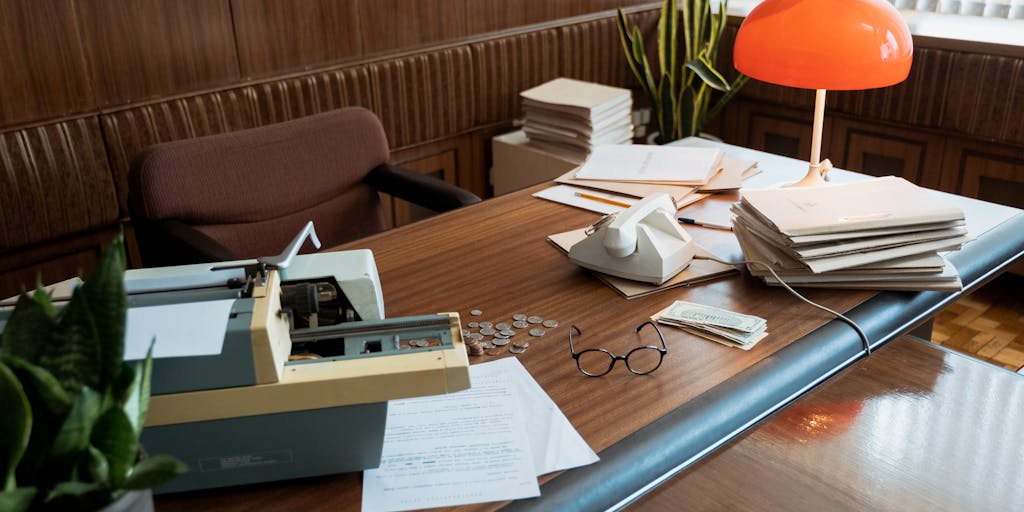 A creative flat lay of various envelopes and letters, with one envelope prominently featuring a printed pricing sheet from Yet Another Mail Merge. The scene is styled with a vintage typewriter and a cup of tea, evoking a sense of traditional communication in a digital age.