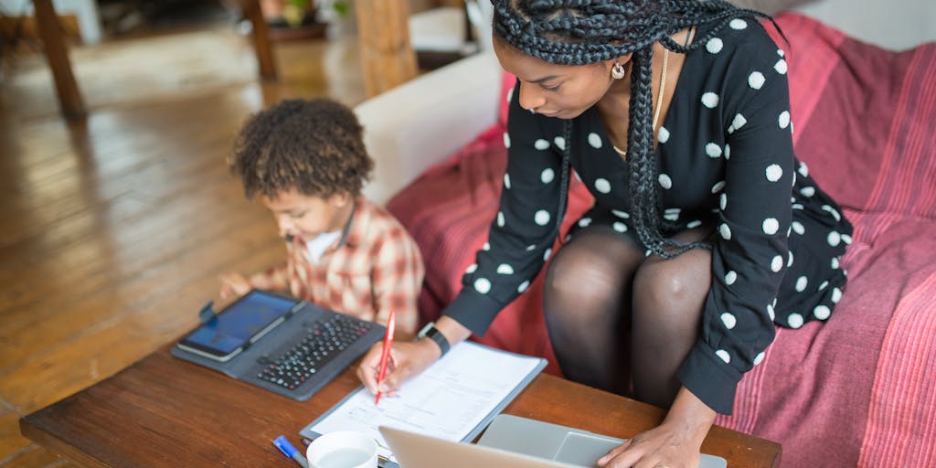A split image showing two different households: one side depicts a cozy living room with toys scattered around, and the other side shows a child studying at a desk with school supplies. This visual contrast highlights how child support contributes to a child's living environment and educational needs.