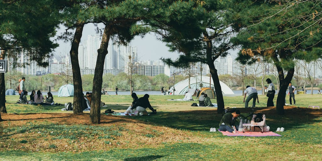 An outdoor family gathering where grandparents are playing with their grandchildren in a park. In the background, a subtle focus on a picnic table with documents and a laptop open, symbolizing the financial planning aspect of child support, while the foreground captures joyful interactions.