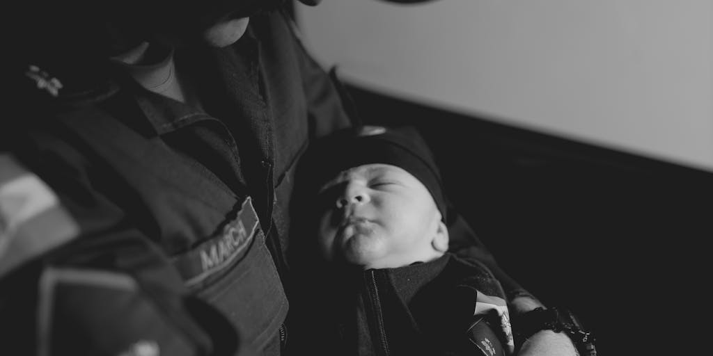 A split image showing two scenarios: on one side, a parent happily playing with their child, and on the other side, a police officer holding a warrant. This juxtaposition illustrates the contrast between fulfilling parental duties and the consequences of falling behind on child support.